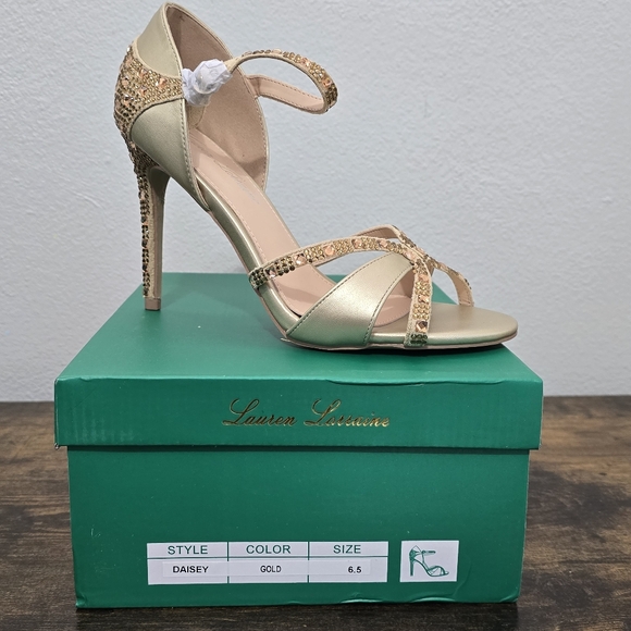 Lauren Lorraine Daisey Gold Rhinestone Embellished Stiletto Heel Sandal 6.5 - Picture 2 of 10